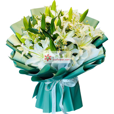 黄石8支白色多头百合洋甘菊，如潮的思念