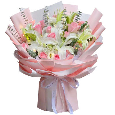 黄石16朵粉玫瑰百合，感情稳定坚固