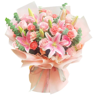 黄石11朵粉色康乃馨玫瑰百合，充满爱和温馨